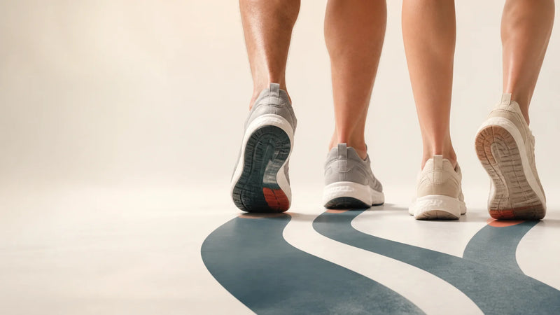 Illustration of two people walking in trainers along curved paths.