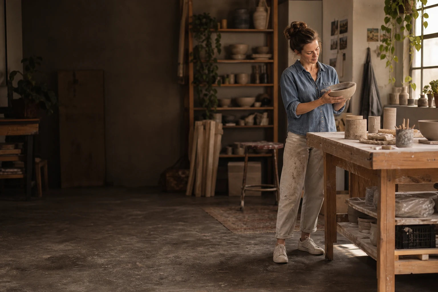 Photography concept of a ceramic artist standing at her workbench in everyday sneakers