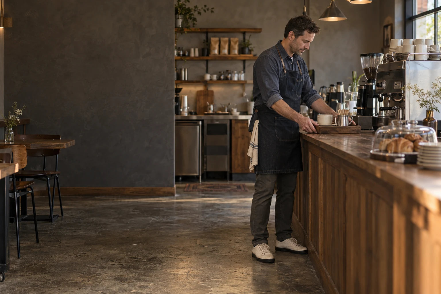Campaign concept of a café owner preparing for the day, standing in everyday work shoes
