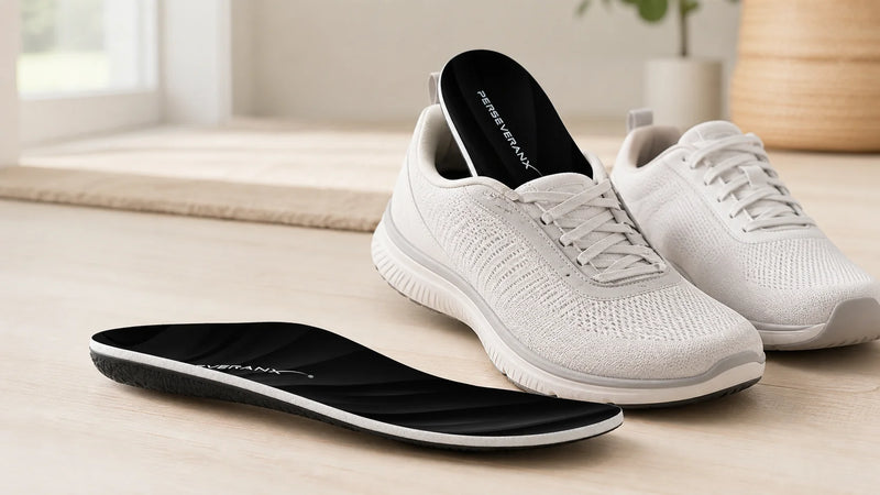 Illustration of Plush insoles beside and inside a pair of light-colored shoes.