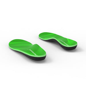 Bouncy insoles, one standing and one flat, showing the top cover and arch