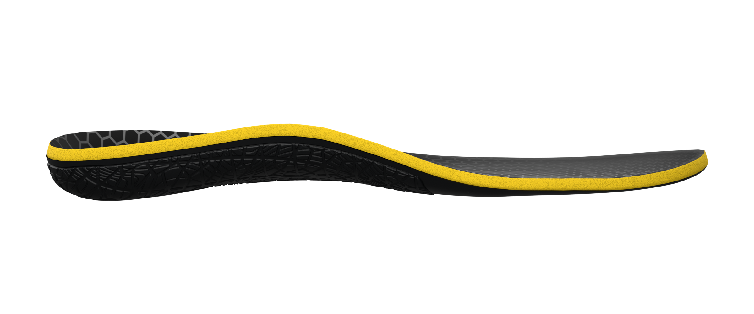 HoneyComb profile showing the cushioning above a connected frame that curves beneath the arch and around the heel
