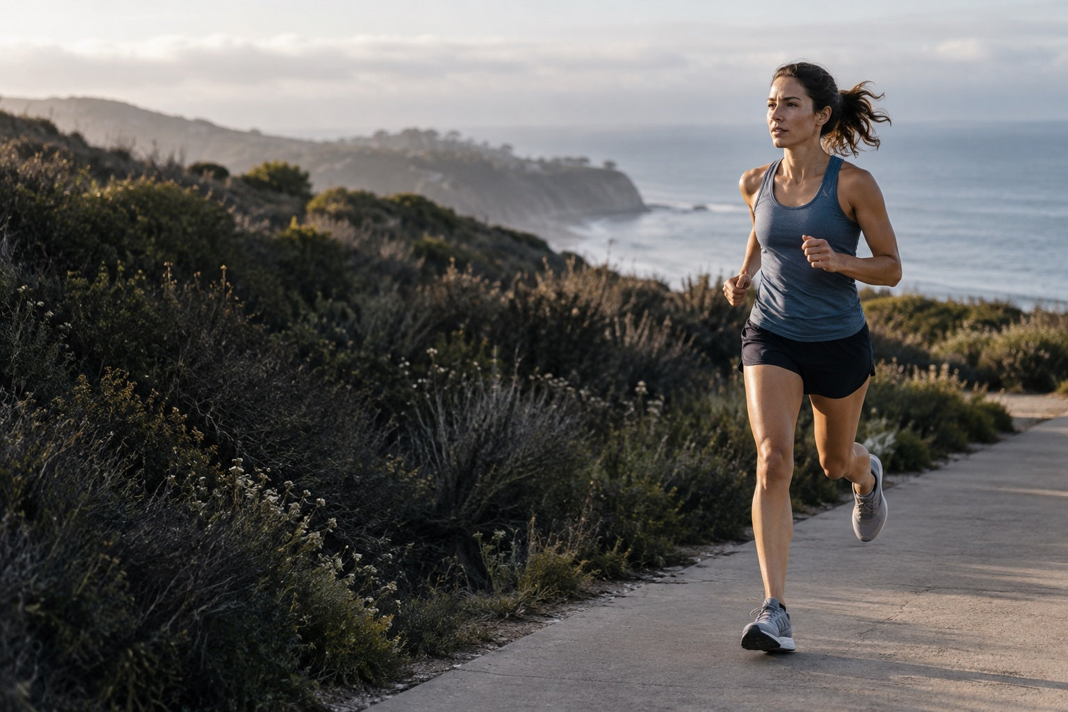 Running photography concept: a woman running along a coastal path