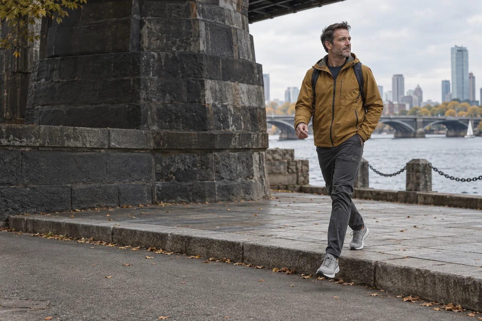 Campaign concept of an adult stepping along an urban riverside walking route