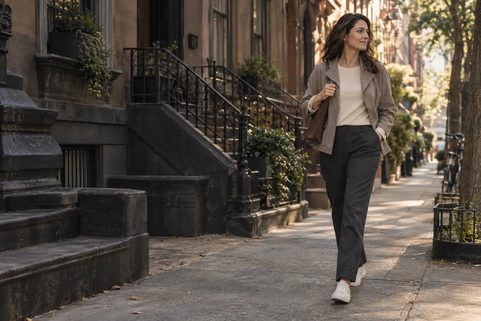 Campaign concept of a woman walking along a neighborhood street in everyday sneakers
