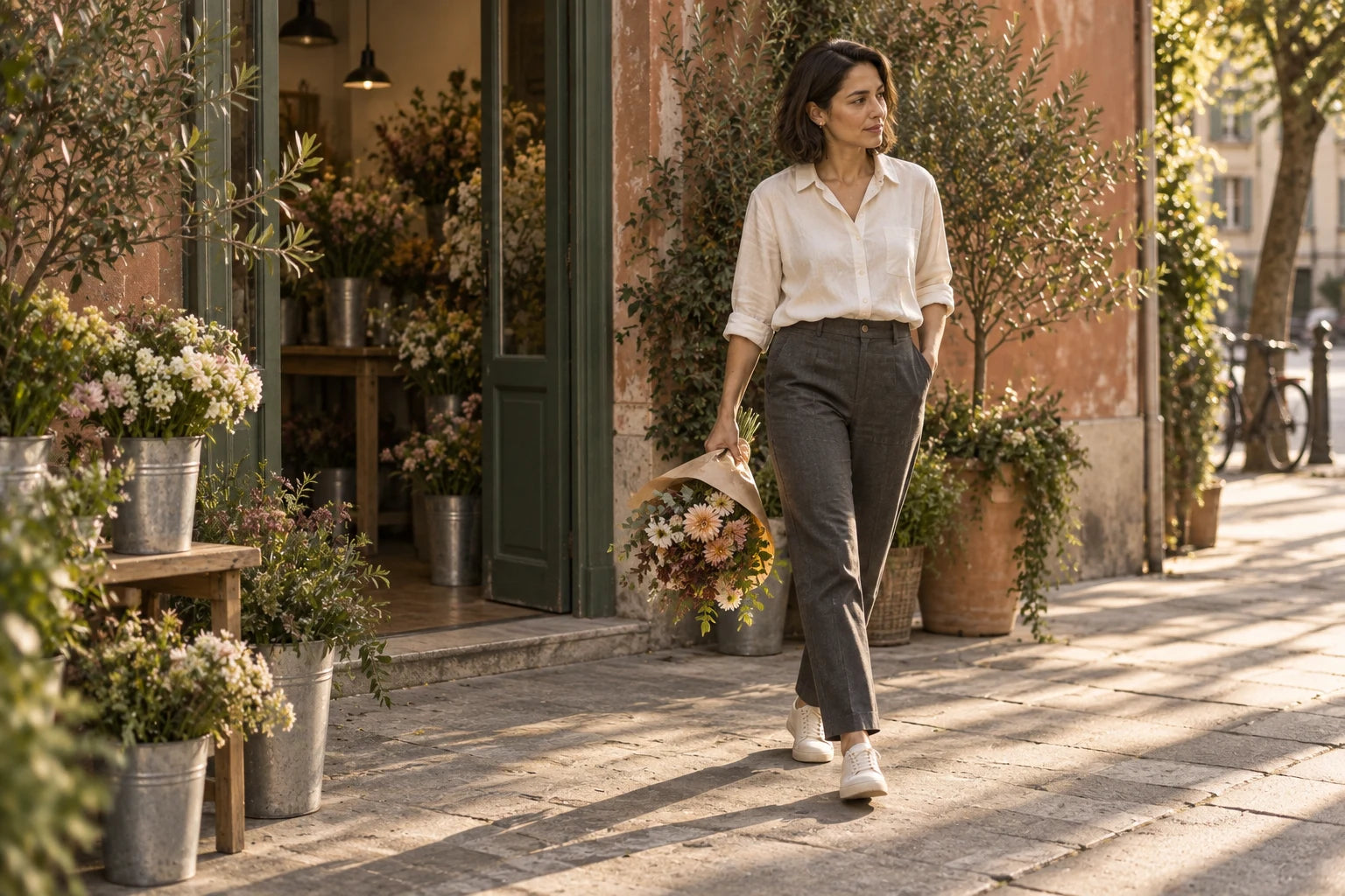 A woman stepping out of a flower shop in afternoon light. Campaign photography concept.