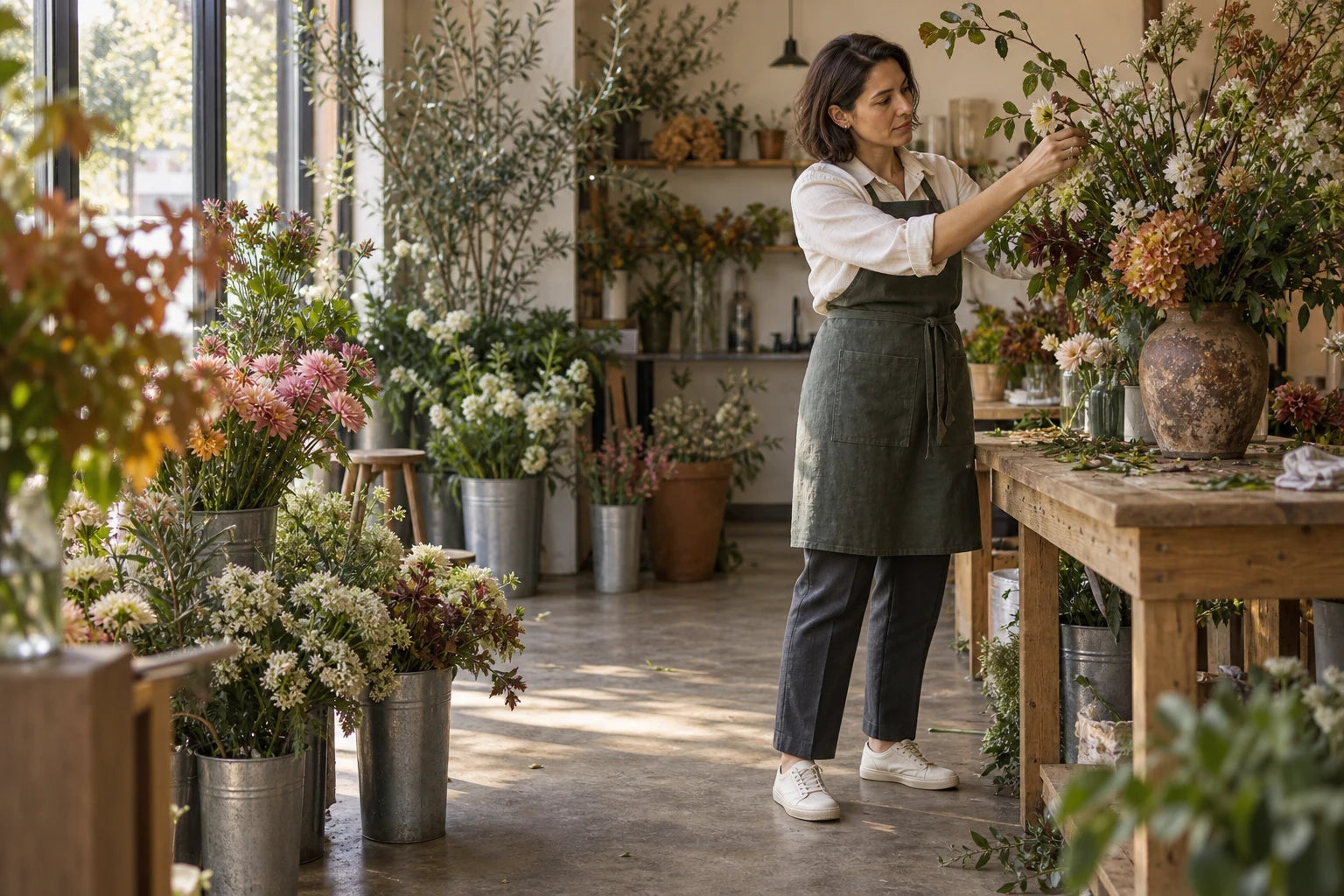Illustrative workday scene: a florist arranging stems at her shop counter