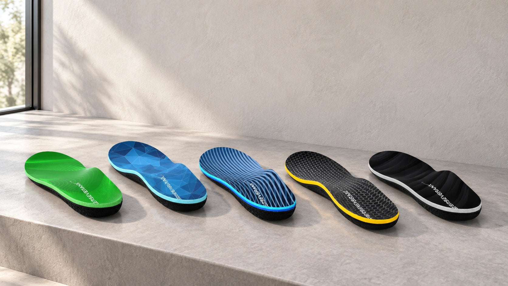The five PerseveranX insoles together on a sunlit mineral ledge. Campaign composition concept.