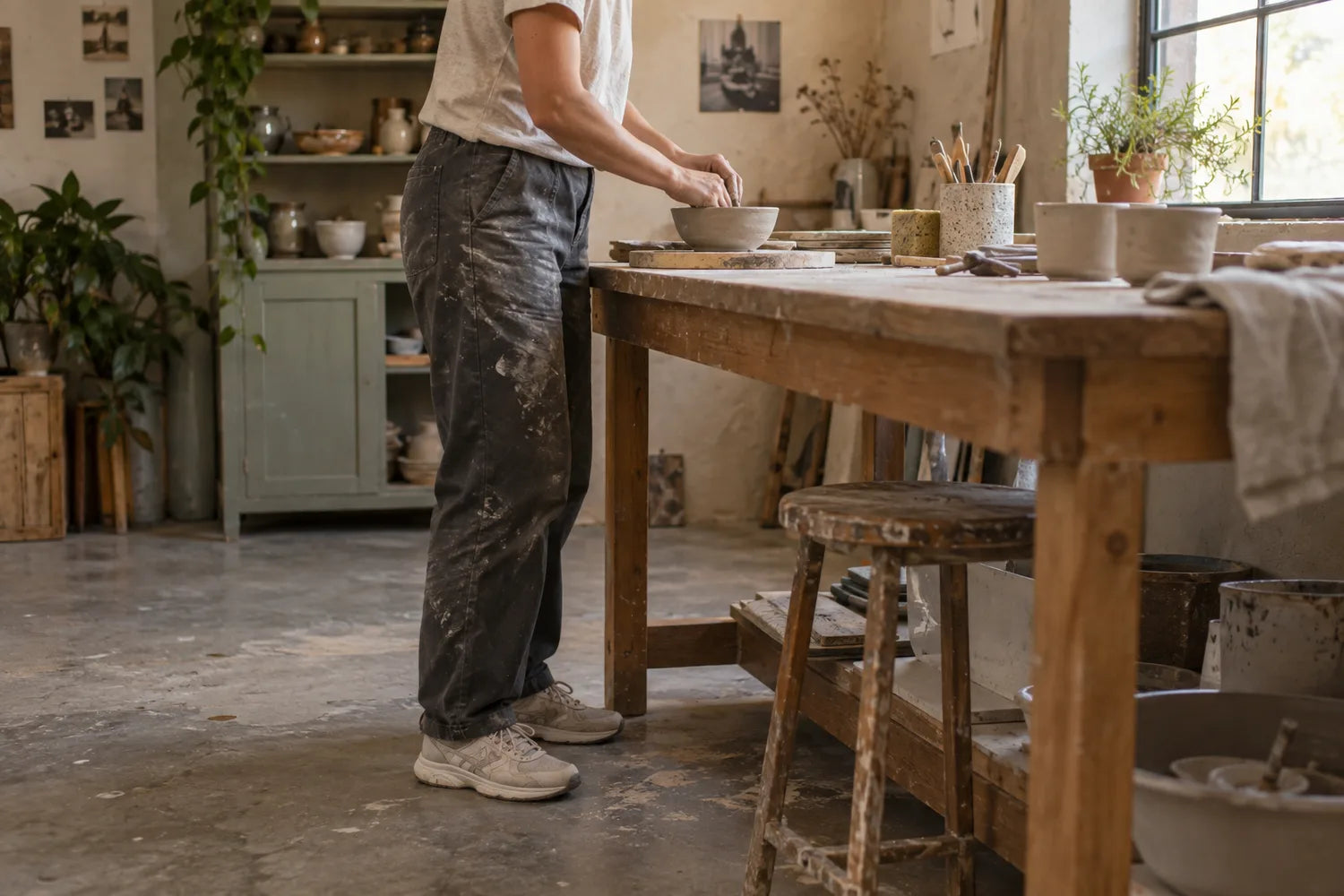 Working on pottery at a studio bench